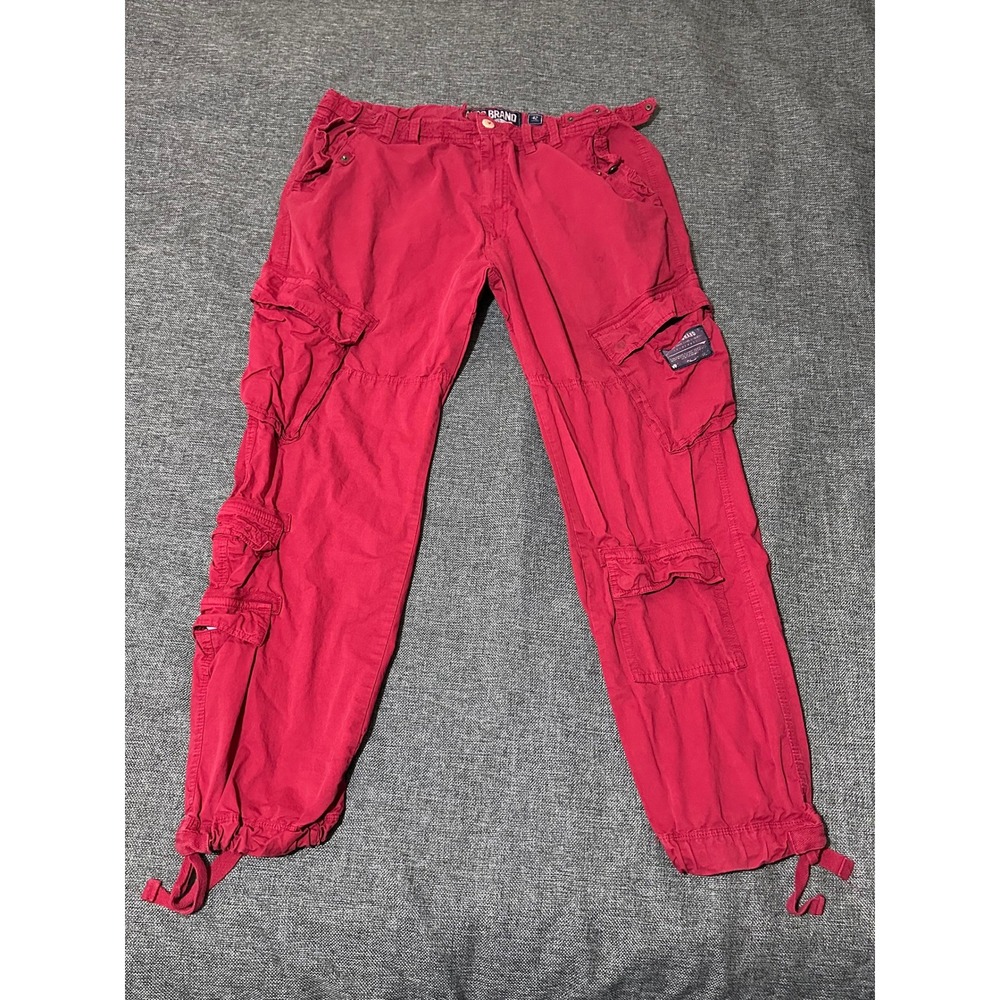 Akoo Men's 42 Cargo Pants Red Cotton Multi Pocket Streetwear